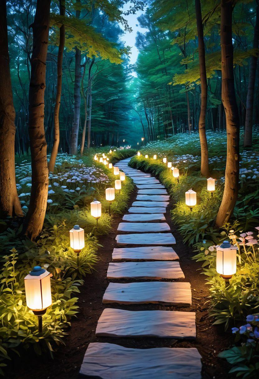 A serene path winding through a lush forest, symbolizing the journey from cancer diagnosis to survivorship. Alongside the path, soft, glowing lanterns represent hope and guidance, while diverse groups of people share supportive moments. Include subtle elements like blooming flowers to signify renewal and strength. The setting conveys tranquility and resilience under a clear blue sky. vibrant colors. super-realistic.