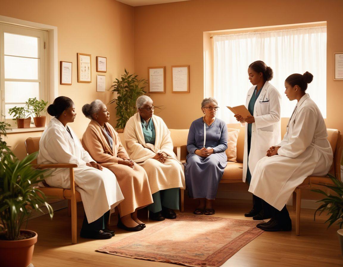 A comforting scene depicting a diverse group of patients and healthcare professionals engaging in supportive dialogue, set in a cozy clinic environment filled with plants and warm lighting. Include symbols of hope such as ribbons, soft blankets, and pamphlets labeled 'Resources & Support'. Capture emotions of strength and solidarity among patients of various ages and backgrounds. soft focus. warm colors. illustration.