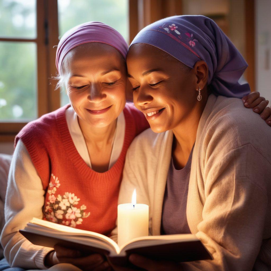 A compassionate scene depicting a diverse group of cancer patients and survivors in a cozy, supportive environment. One patient is receiving a warm hug while another is joyfully sharing practical tools like journals and recipes. Soft, warm lighting creates an inviting atmosphere, with symbols of hope like flowers and inspirational quotes in the background. Reflecting both emotional connection and practical support, the image should evoke feelings of strength and community. vibrant colors. soft lighting. modern illustration.